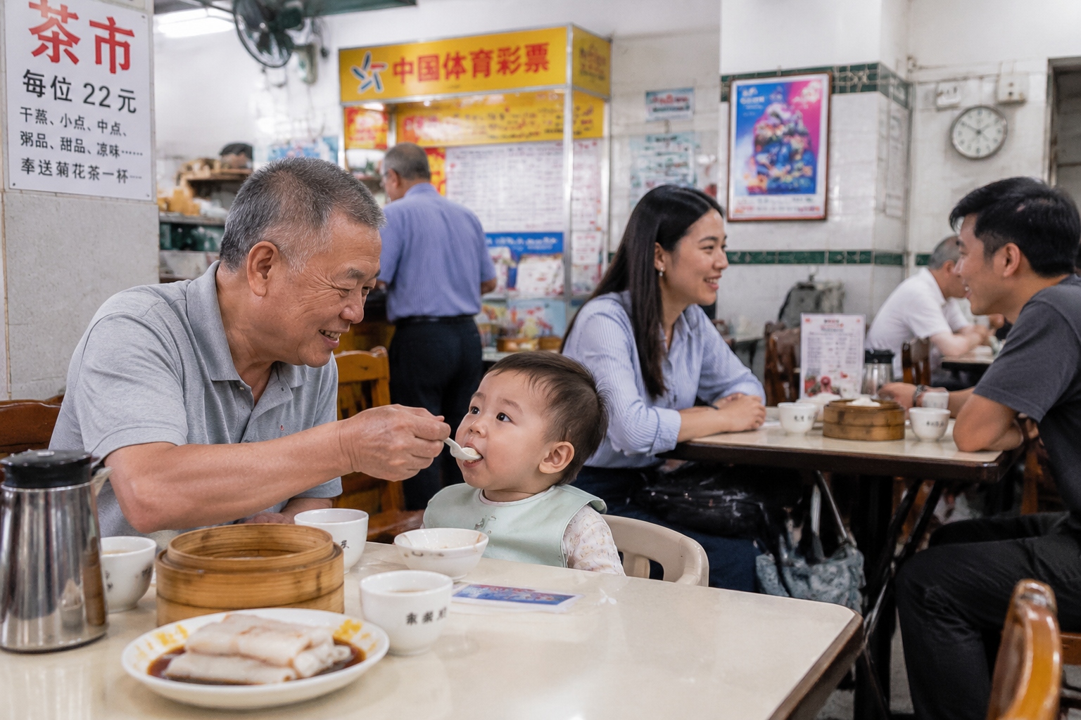 Busy dim sum breakfast at a neighborhood teahouse in Haizhu, Guangzhou