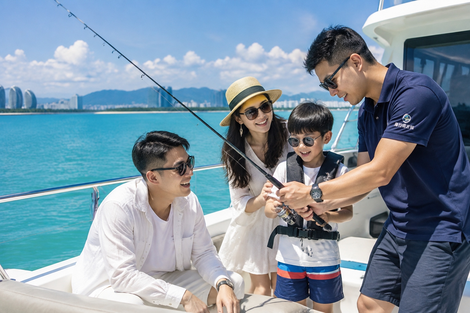 Tourists on a shared yacht in Sanya learning to fish while the crew assists, with the clear sea and coastline in the background