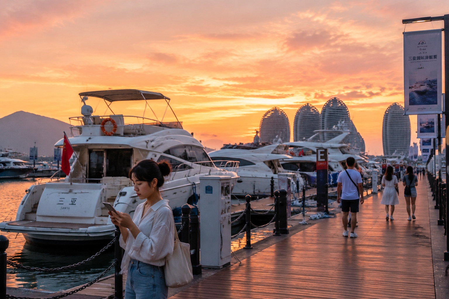 Sanya marina at sunset with yachts docked and a young Chinese woman looking at her phone near the pier