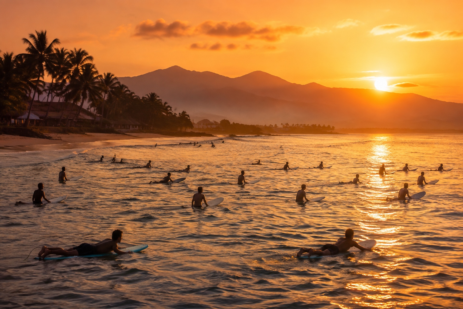 Surfers paddle out at sunrise in Riyue Bay, Wanning, Hainan