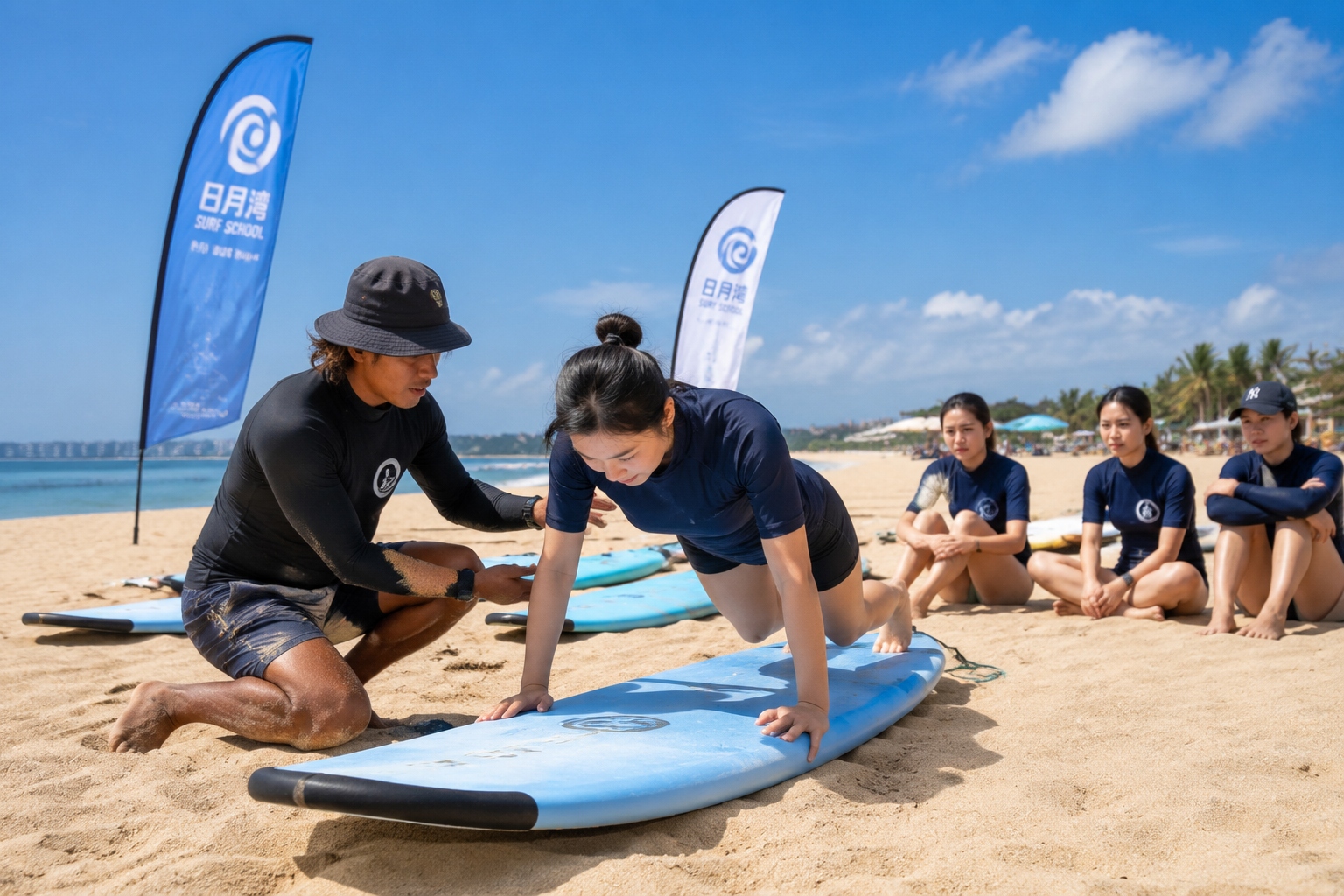 A surf coach teaches a beginner on the beach in Wanning, Hainan