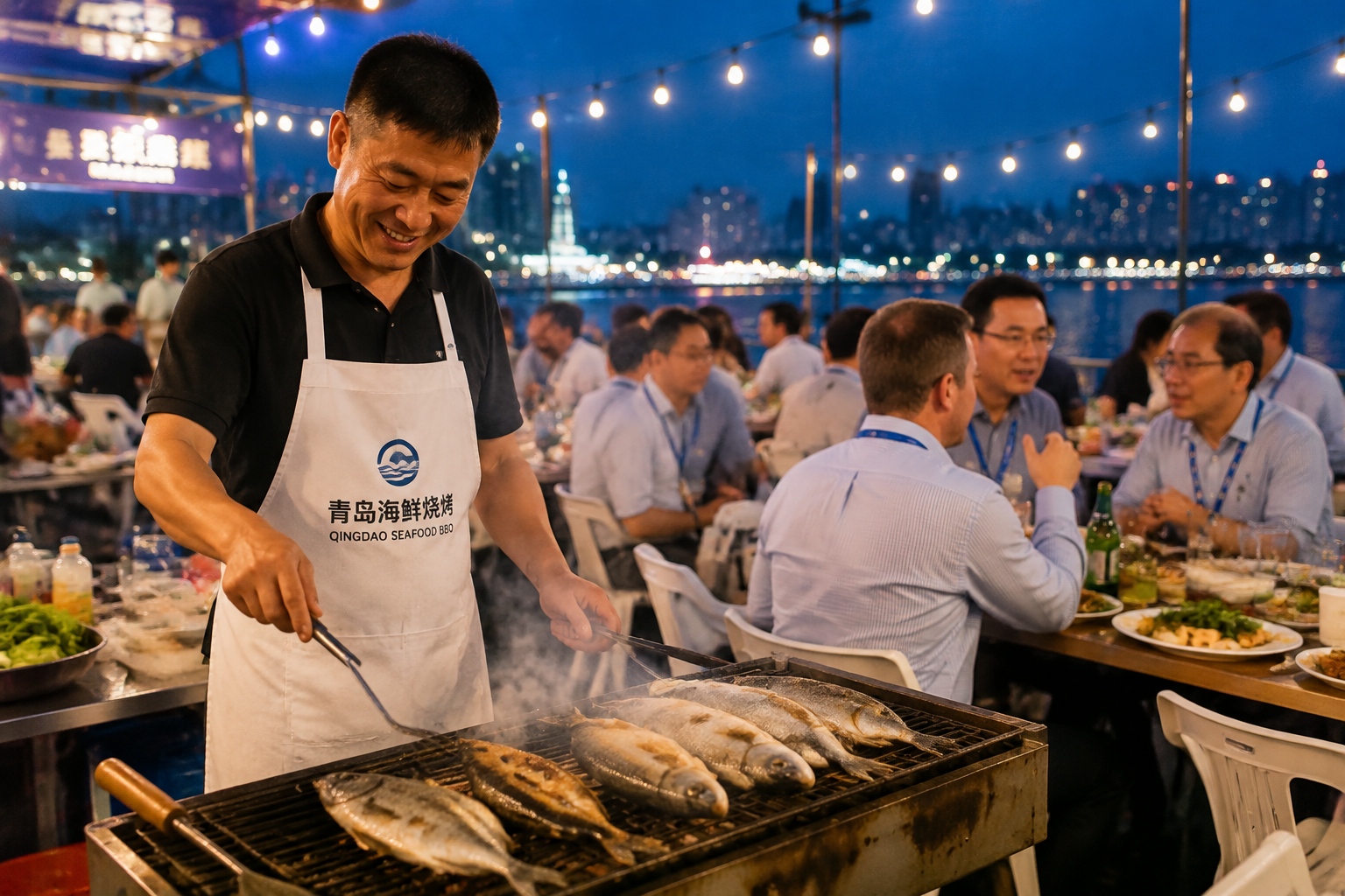 Local restaurant owner serving grilled fish to conference delegates in Boao.