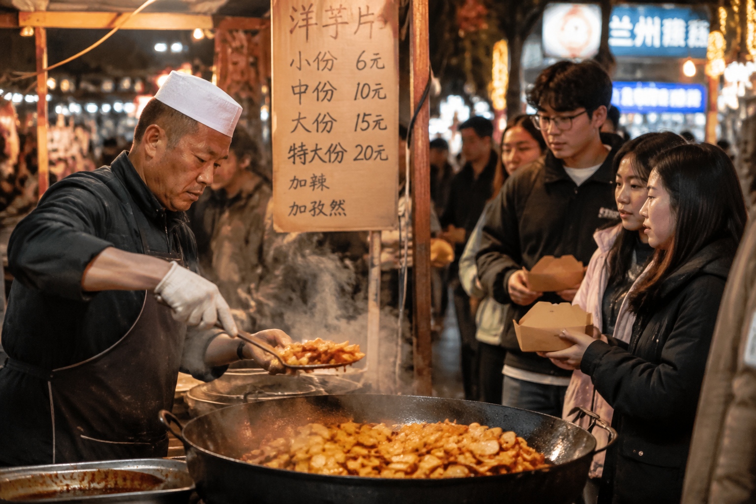 Street vendor frying spicy potato slices at a night market in Lanzhou, Gansu