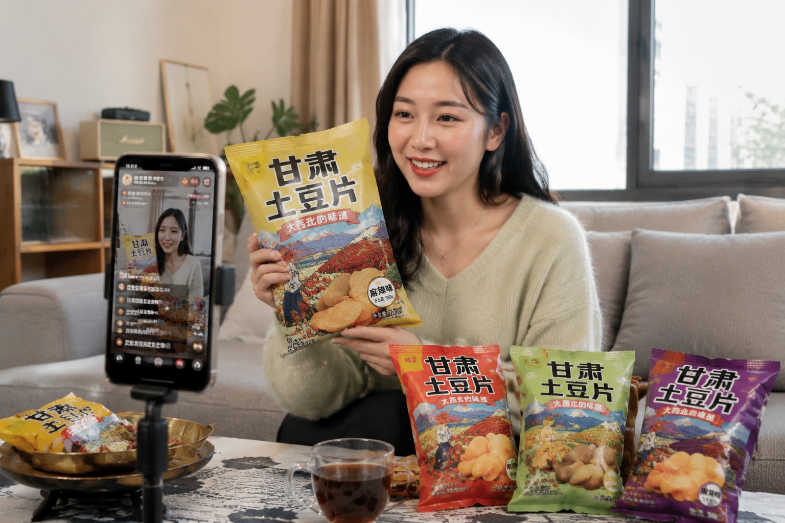 Young woman eating potato chips made from Gansu potatoes while watching a live-stream shopping show