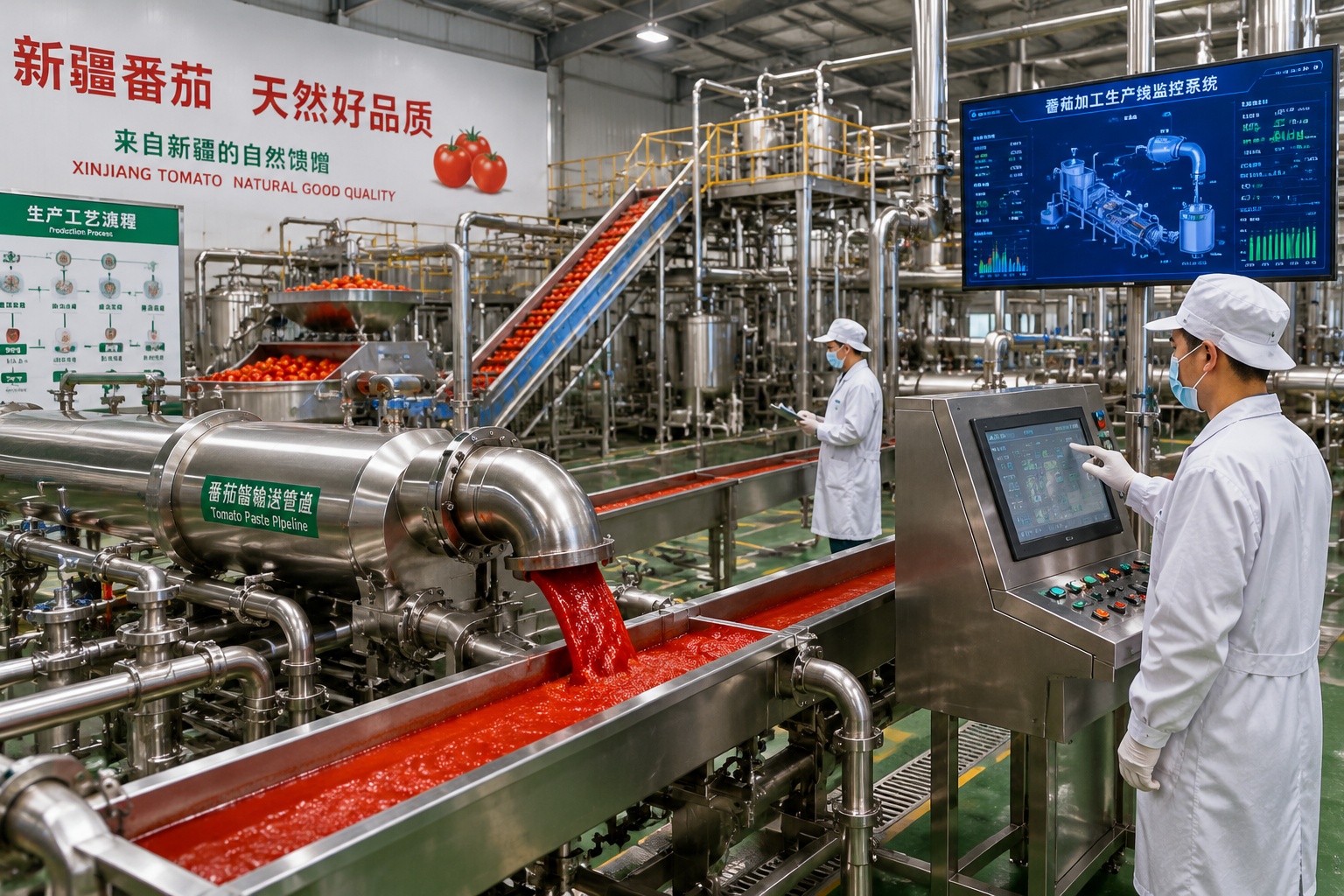 Workers monitoring automated tomato paste production line at a Xinjiang processing facility