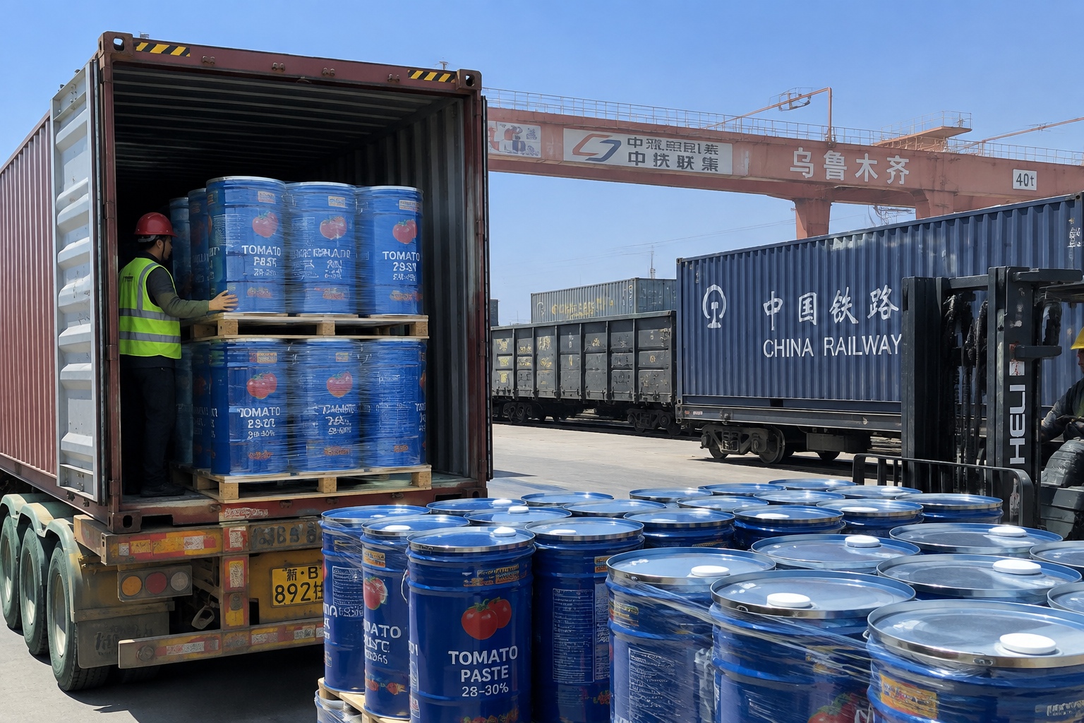 Aseptic drums of tomato paste being loaded for export at a Xinjiang logistics hub