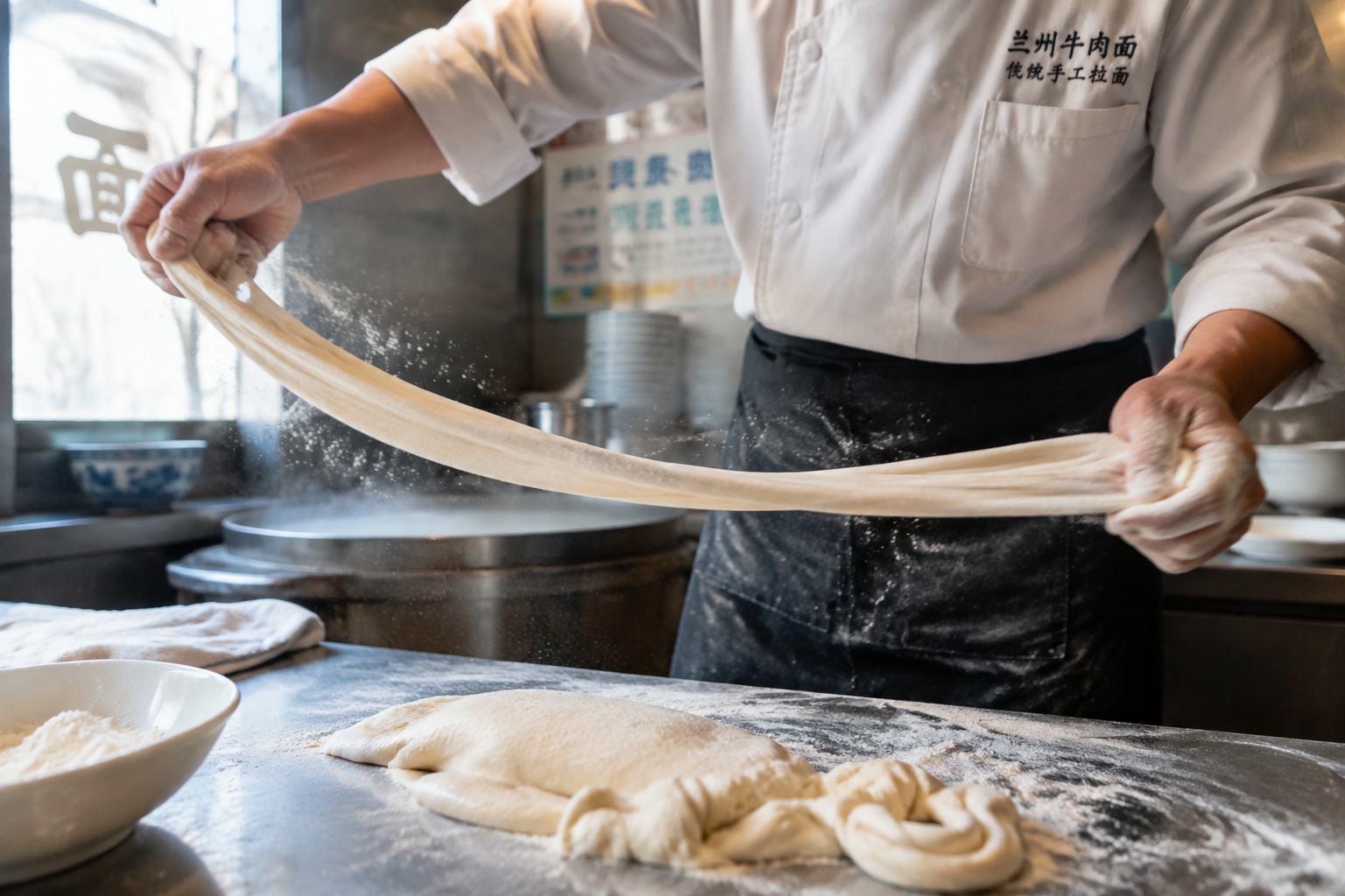 Chef’s hands stretching dough into noodles in a Lanzhou beef noodle shop