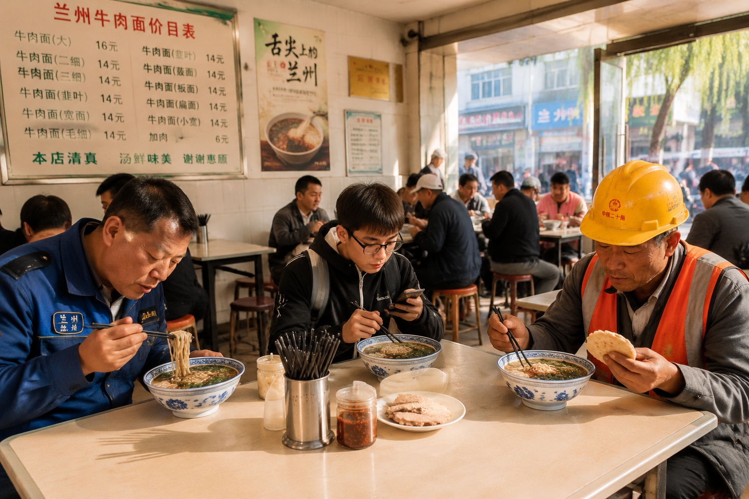 Busy Lanzhou beef noodle shop with diverse customers eating breakfast