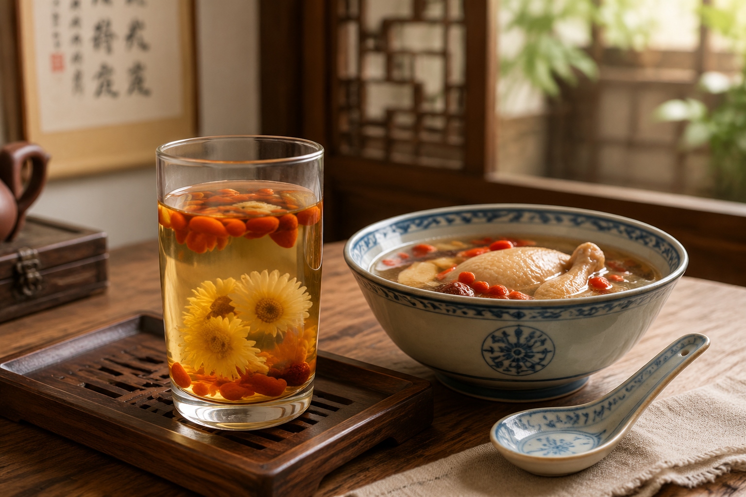 Goji berry tea and goji chicken soup, two traditional Chinese ways to consume wolfberries