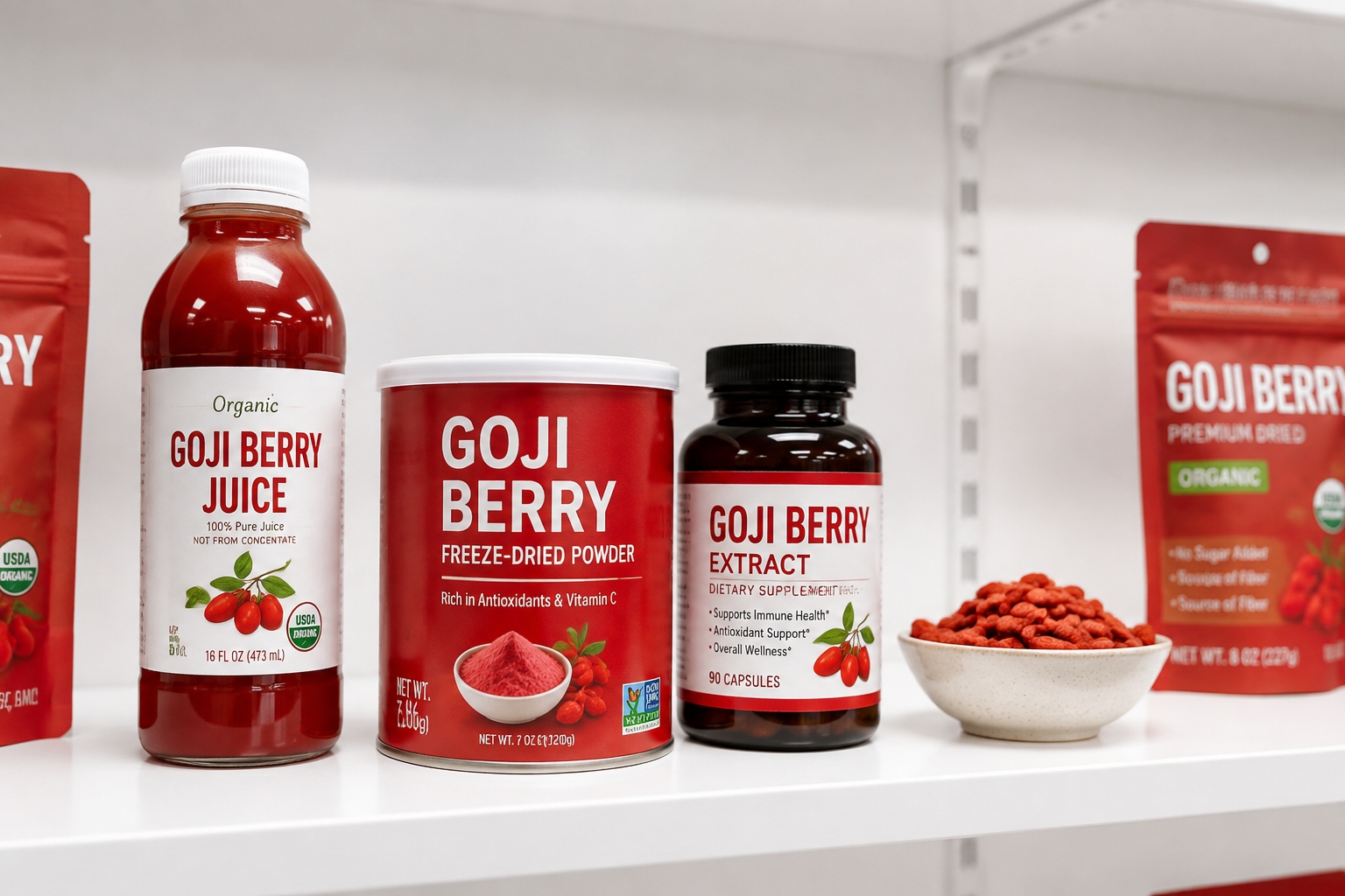 Ningxia goji berry products including juice, powder, and supplements in a modern retail store