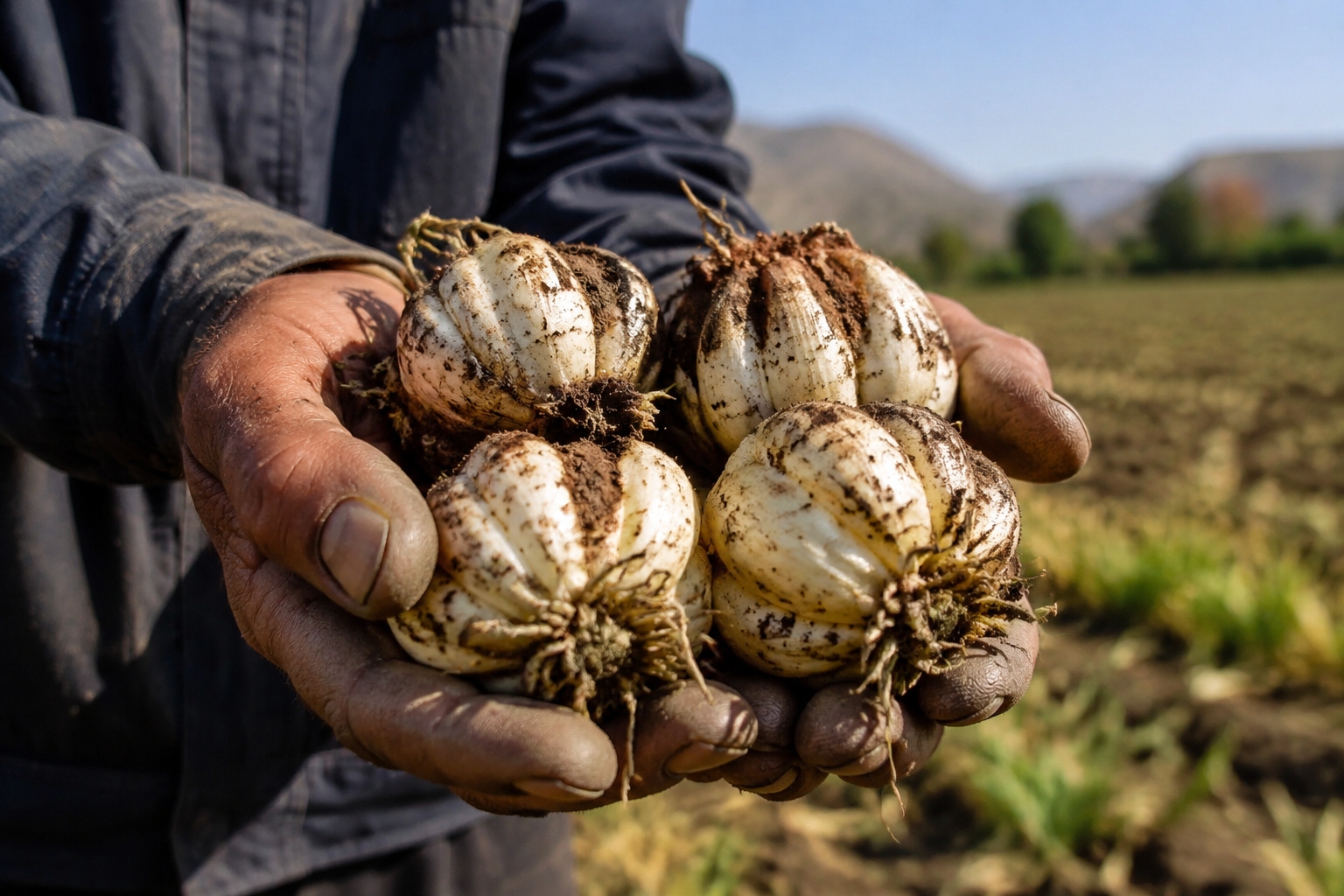 A Gansu farmer holding freshly dug Lanzhou lily bulbs, showing the rough outer layers and creamy white flesh.