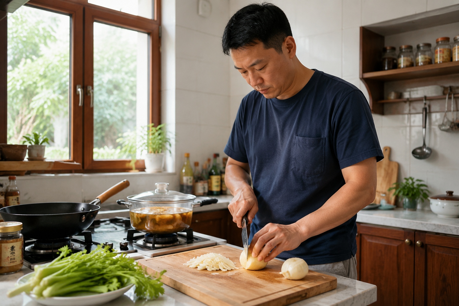 A chef slicing a Lanzhou lily bulb on a cutting board, with celery and a wok nearby, showing a common way to cook lily in Lanzhou.