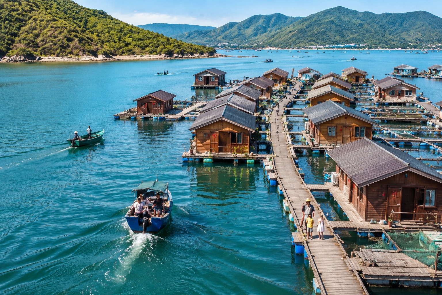 Aerial view of a Tanka floating village in Xincun Harbor, Hainan, with wooden houses on water and boats