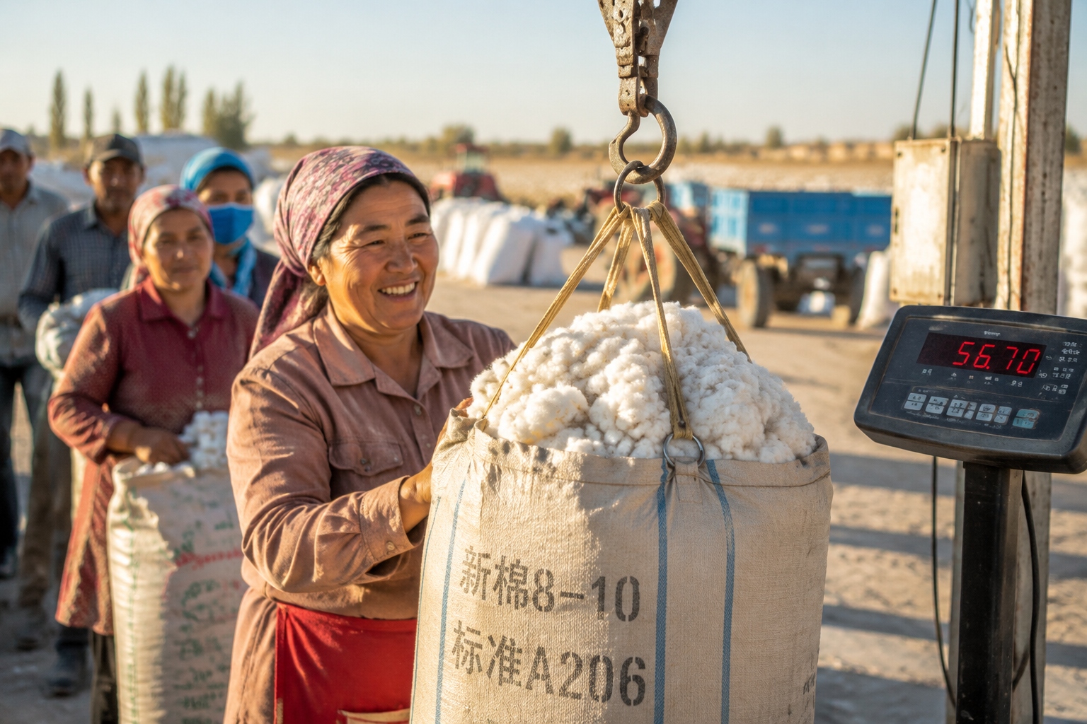 A female seasonal worker weighing her cotton harvest at a weigh station in Xinjiang, with a digital scale displaying the weight, capturing the moment of calculating daily earnings.