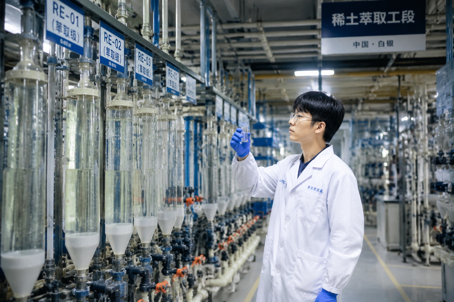Engineer in a rare earth separation plant in Baiyin, Gansu, holding a sample vial of processed rare earth solution
