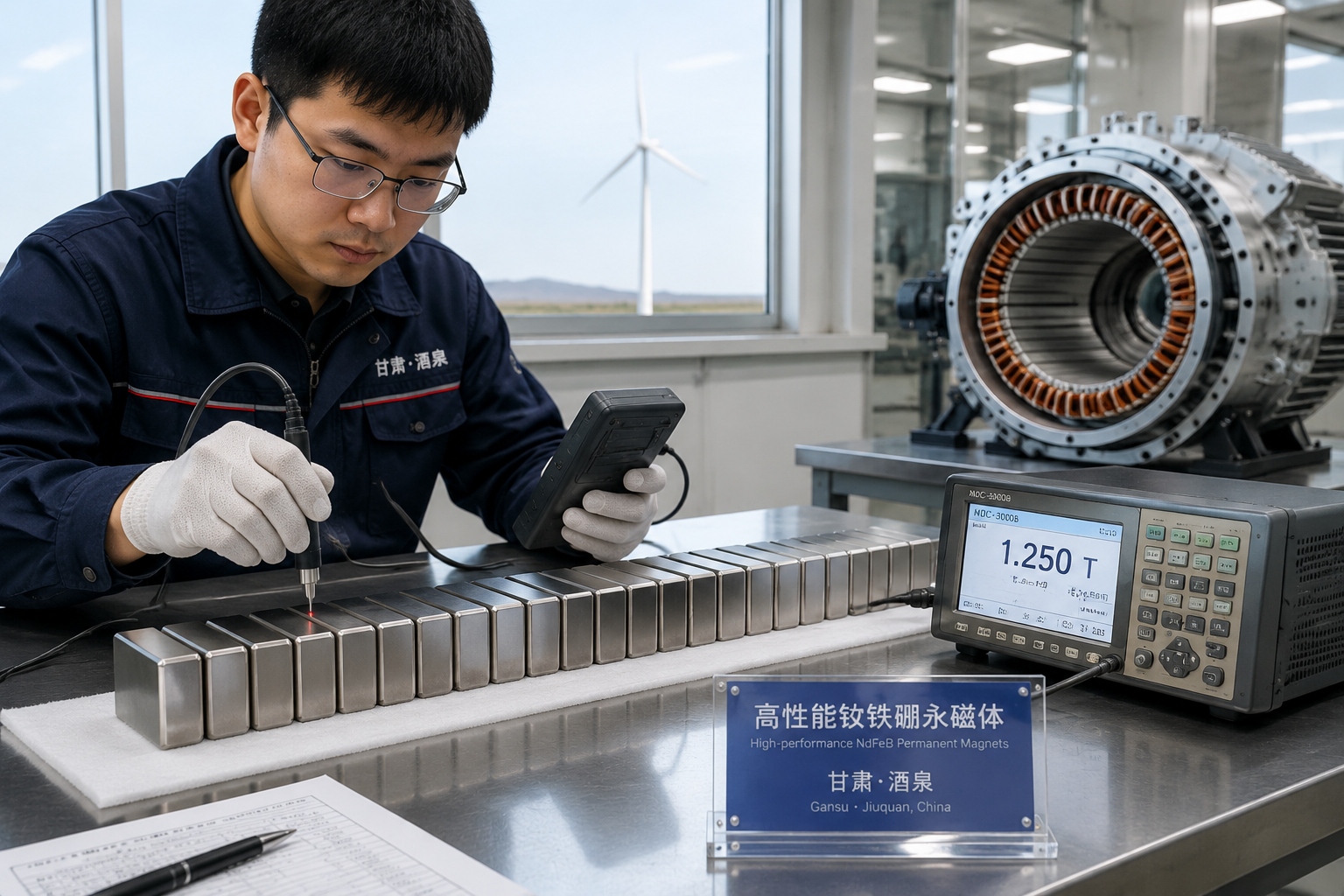 Technician inspecting neodymium magnets for electric vehicle motors at a factory in Gansu, with a wind turbine visible in the background