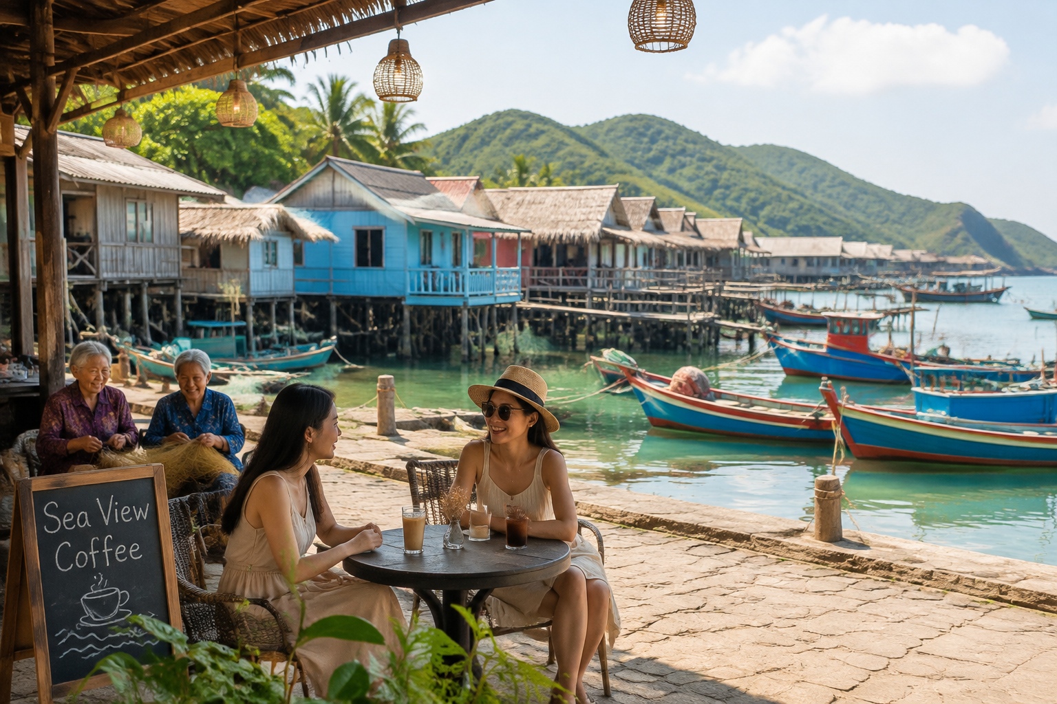 Fishing village with stilt houses and a small seaside cafe on Hainan's Lingshui coast, now visited by tourists on the new highway