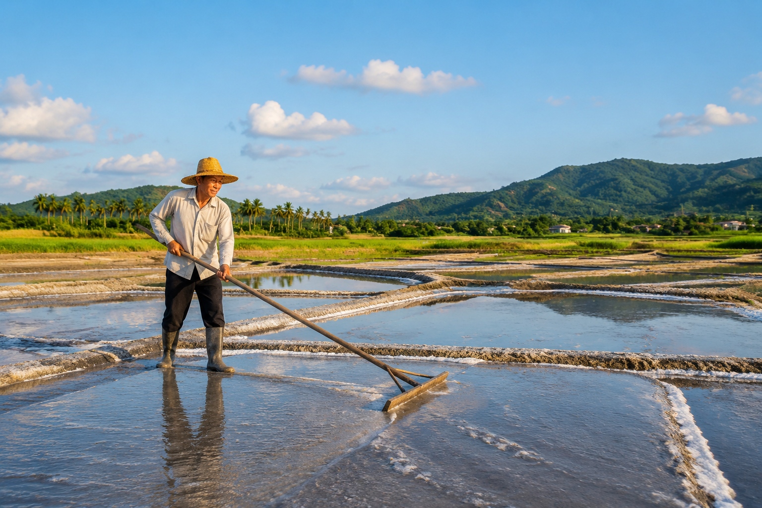 Worker raking salt at the ancient Yinggehai salt fields on Hainan's western coast, a stop on the coastal highway