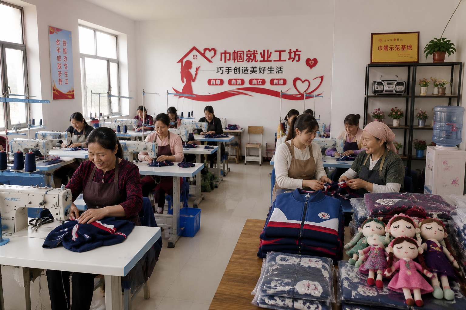 Women sewing clothes and handicrafts at a poverty-alleviation workshop in rural Gansu
