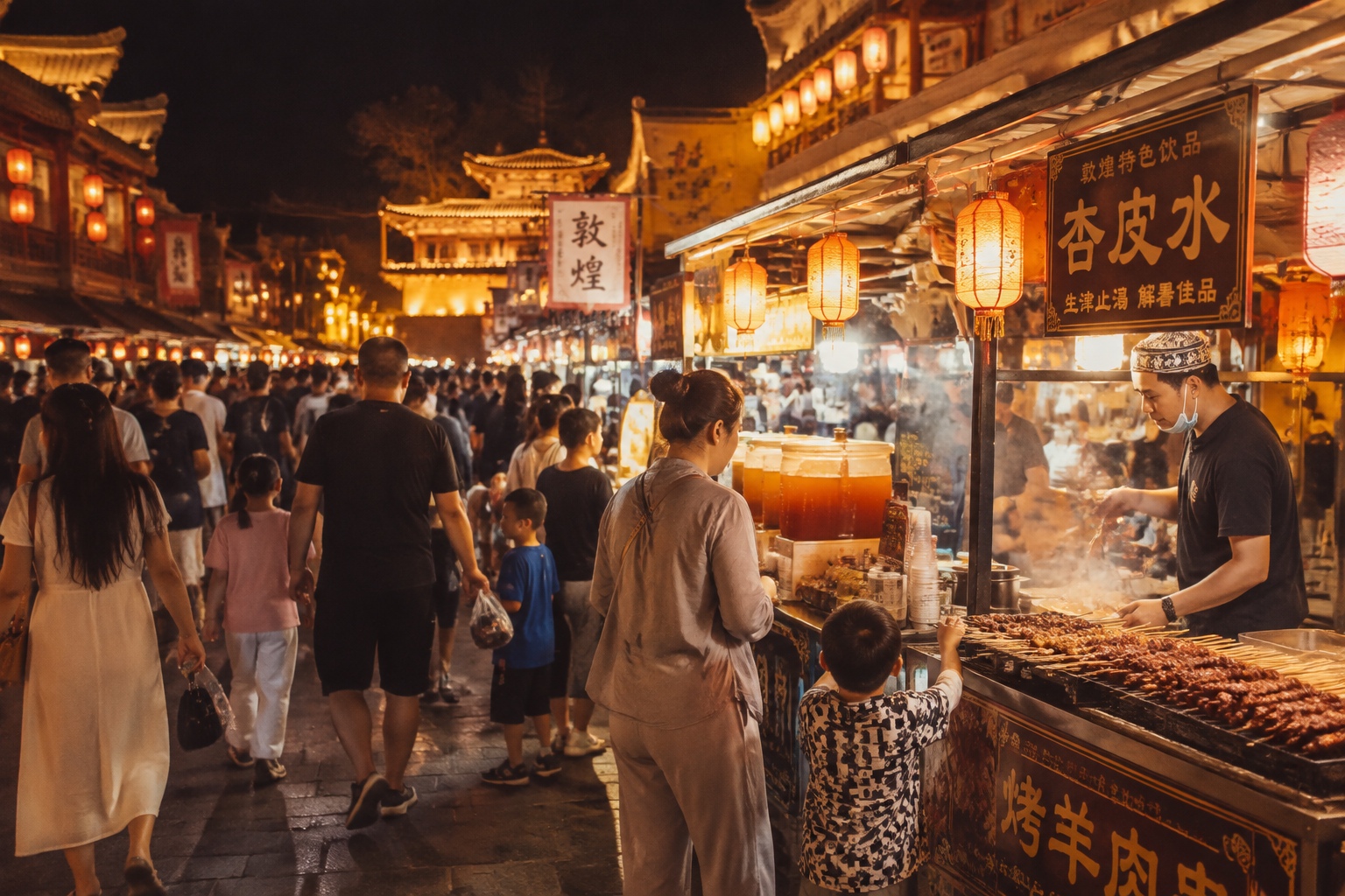 Dunhuang night market with local food stalls and visitors in the evening