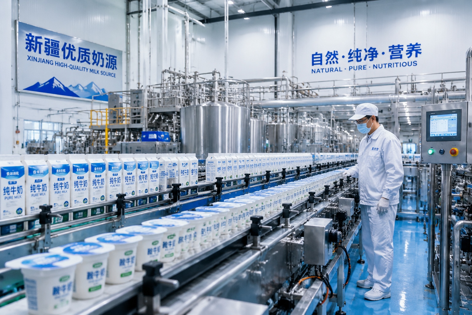 Worker inspecting dairy production line in Xinjiang milk factory