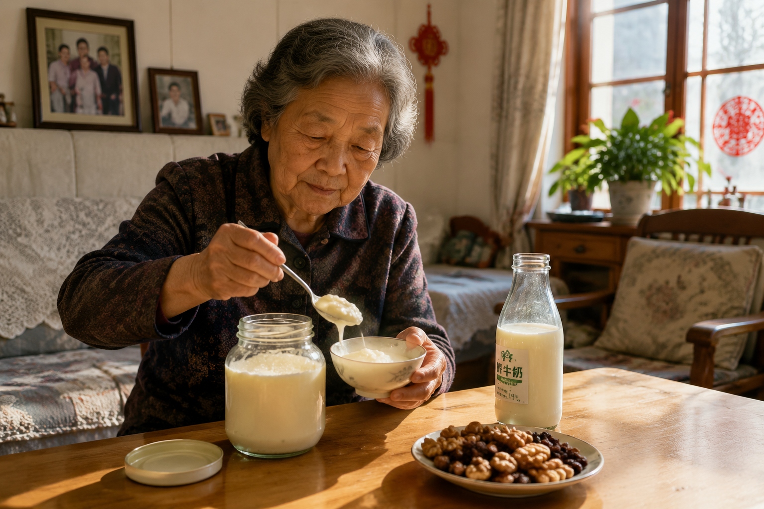 Elderly woman enjoying Xinjiang old yogurt at home with milk and nuts