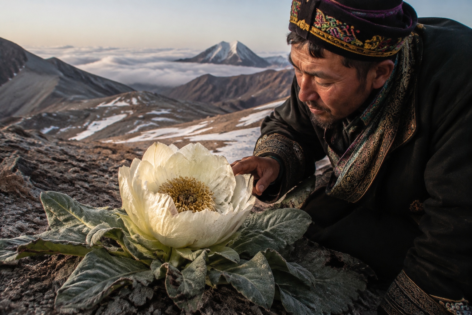 Snow lotus bloom inspected by a herder in the Tianshan Mountains
