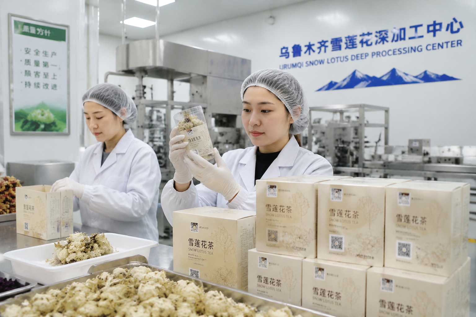 Snow lotus products being packed in a processing facility in Xinjiang