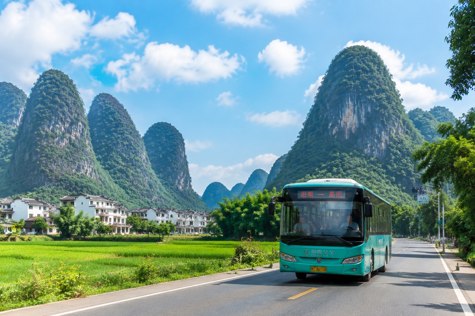 Buses passing through a valley with towering karst mountains in Guangxi and small farms beside the road