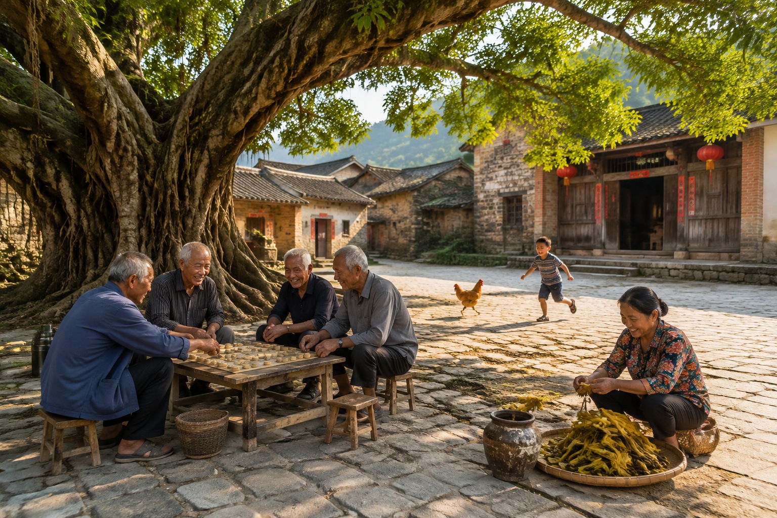 Villagers in Guangxi playing chess and sorting pickled greens under a large banyan tree