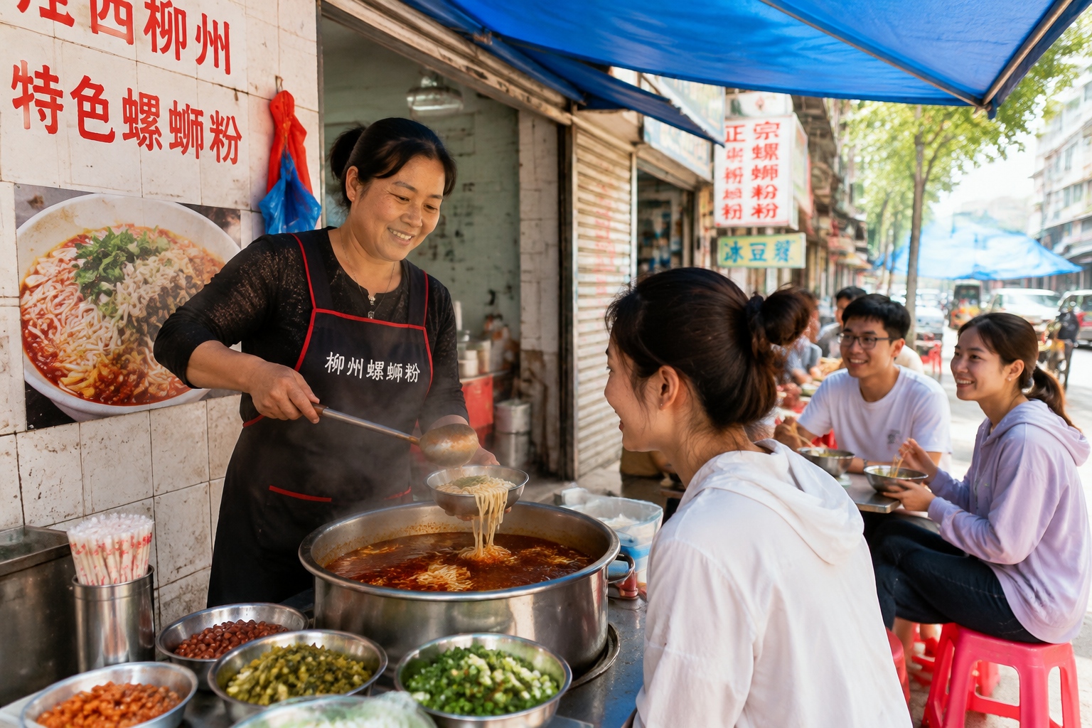 Street vendor in Guangxi serving spicy rice noodles to local workers at a roadside stall