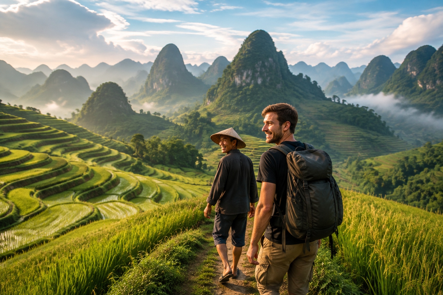 A hidden hiking trail beside rice terraces in Guangxi with a local guide and a traveler