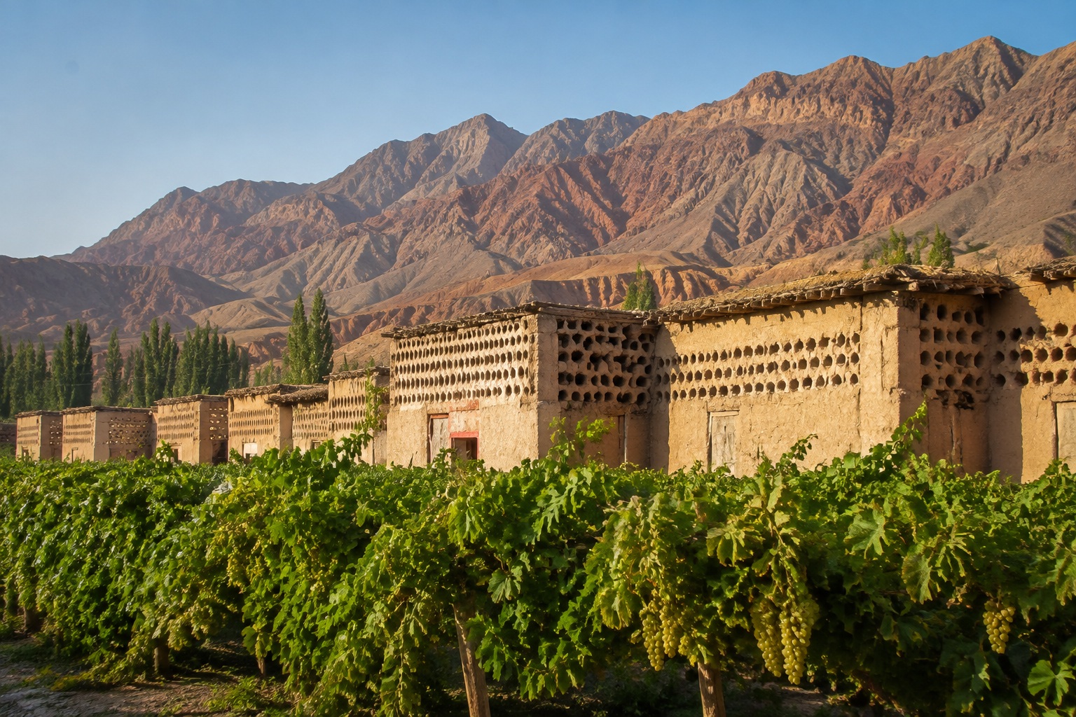 Mud-brick drying huts for raisins in Turpan, Xinjiang, with grapevines and desert mountains