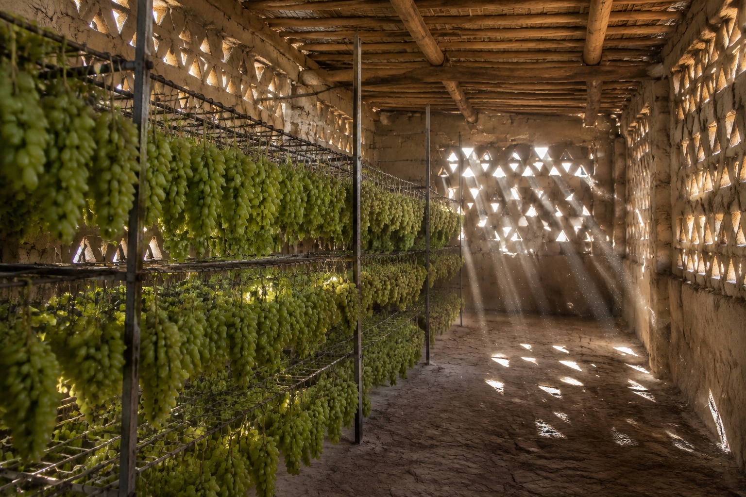 Inside a Xinjiang raisin drying hut with grapes hanging on racks