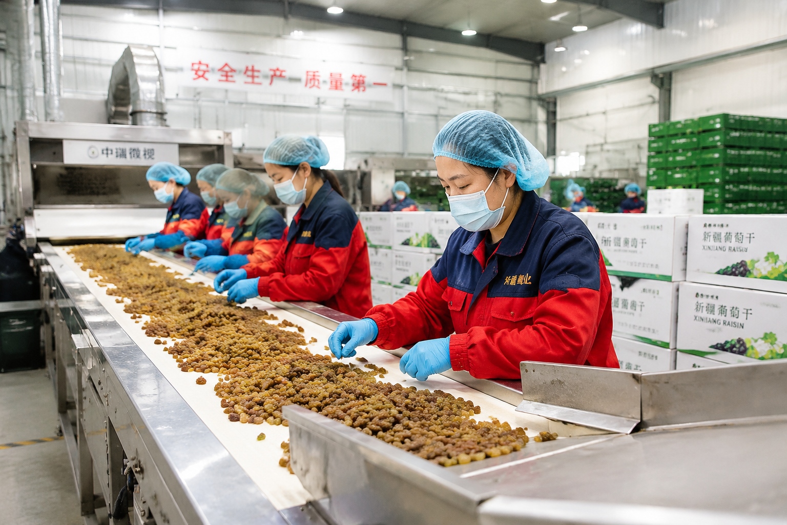 Workers sorting raisins on a conveyor belt in a Xinjiang processing plant