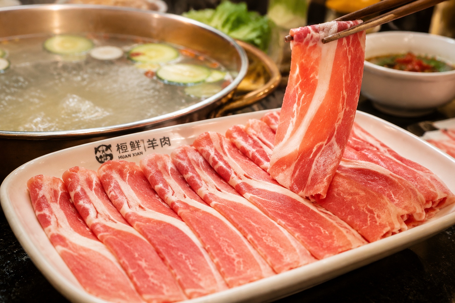 Plate of thin raw Huanxian lamb slices next to a bubbling hotpot broth with chopsticks