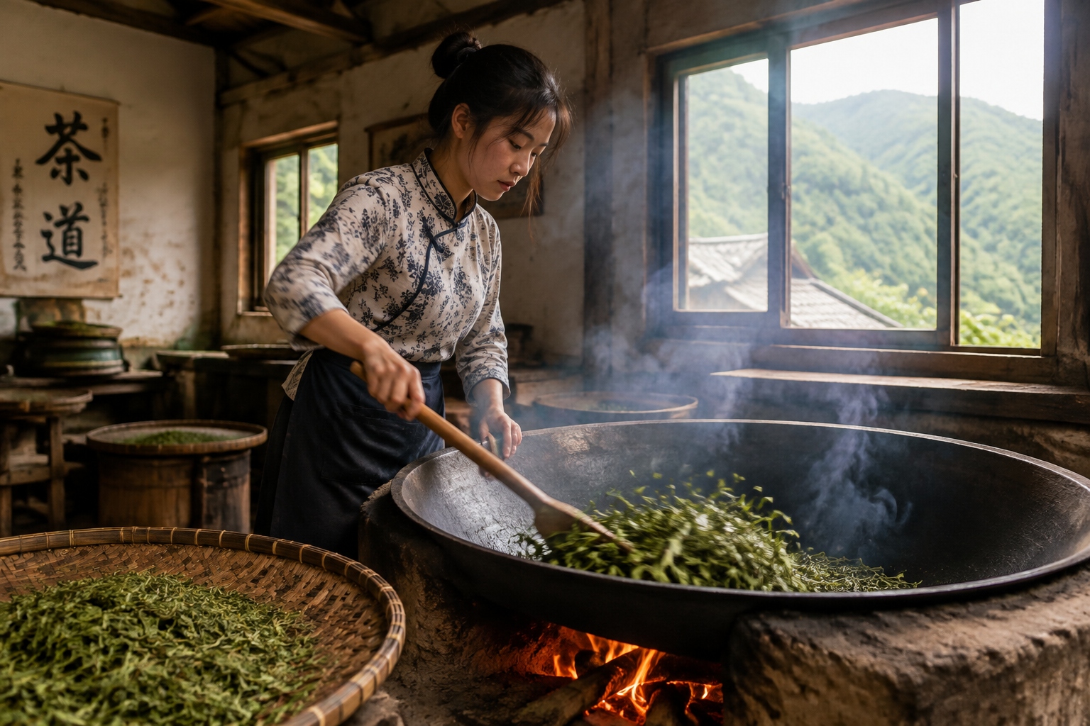 Young Chinese tea maker hand-rolling Pu'er tea leaves in a traditional wok over a wood fire in a Yunnan village