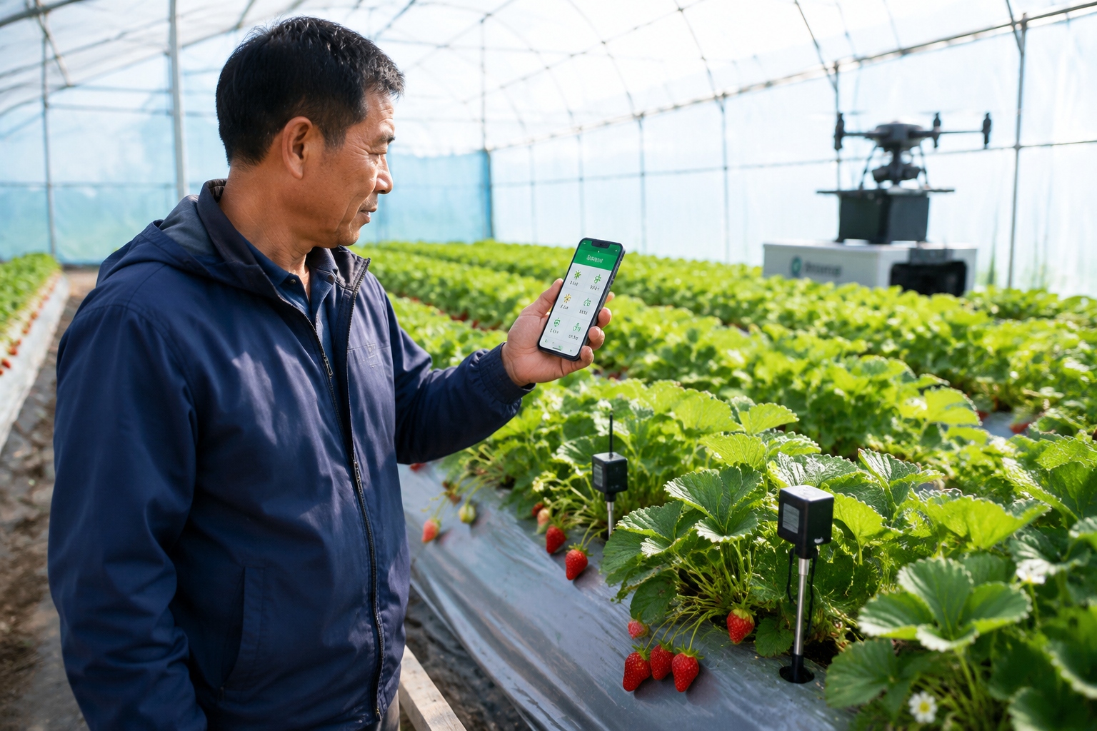 Chinese farmer checking smart sensor data on a phone inside a strawberry greenhouse