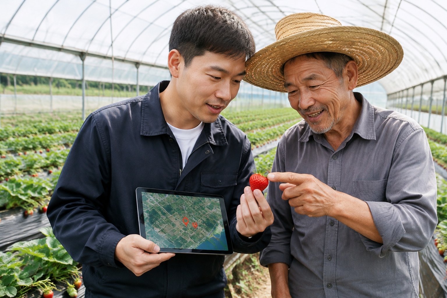 Young farmer and older farmer reviewing AI pest detection data on a tablet in a strawberry field