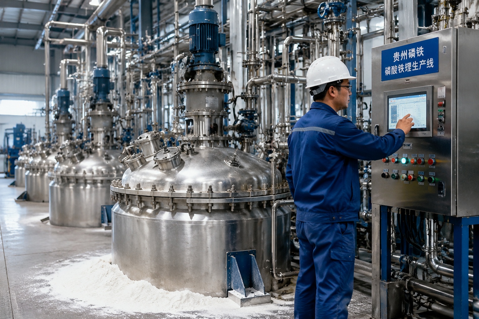 Workers inspect battery-grade iron phosphate production lines at a modern plant in Guizhou, China