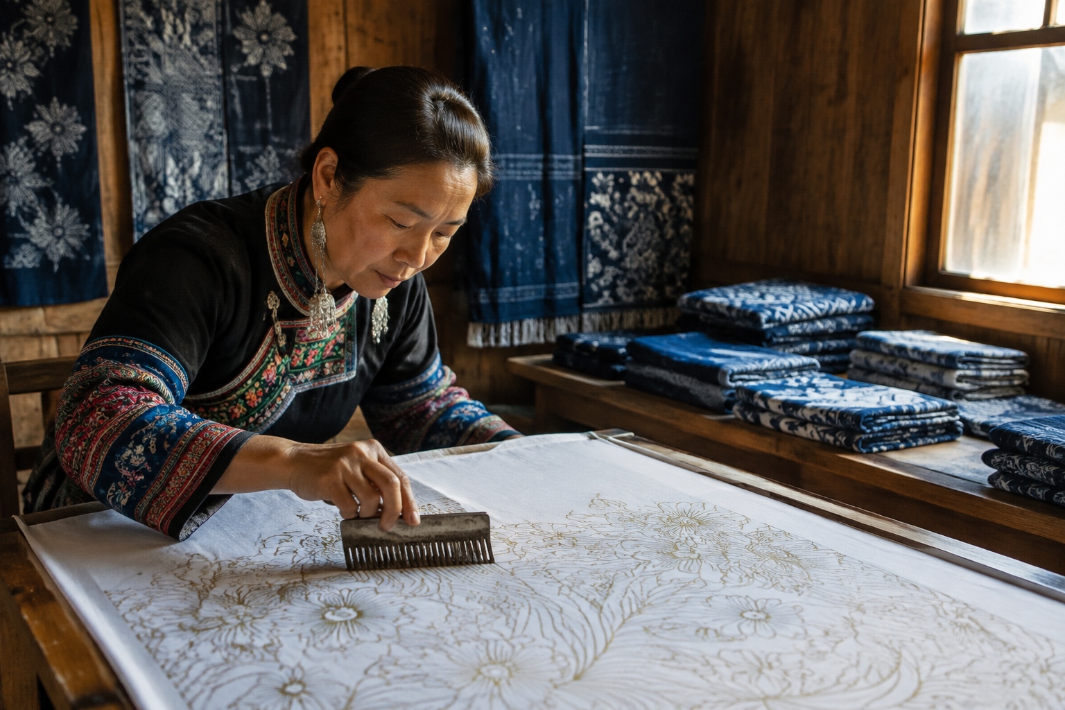 Miao craftswoman drawing batik patterns with melted beeswax in a Danzhai workshop, Guizhou