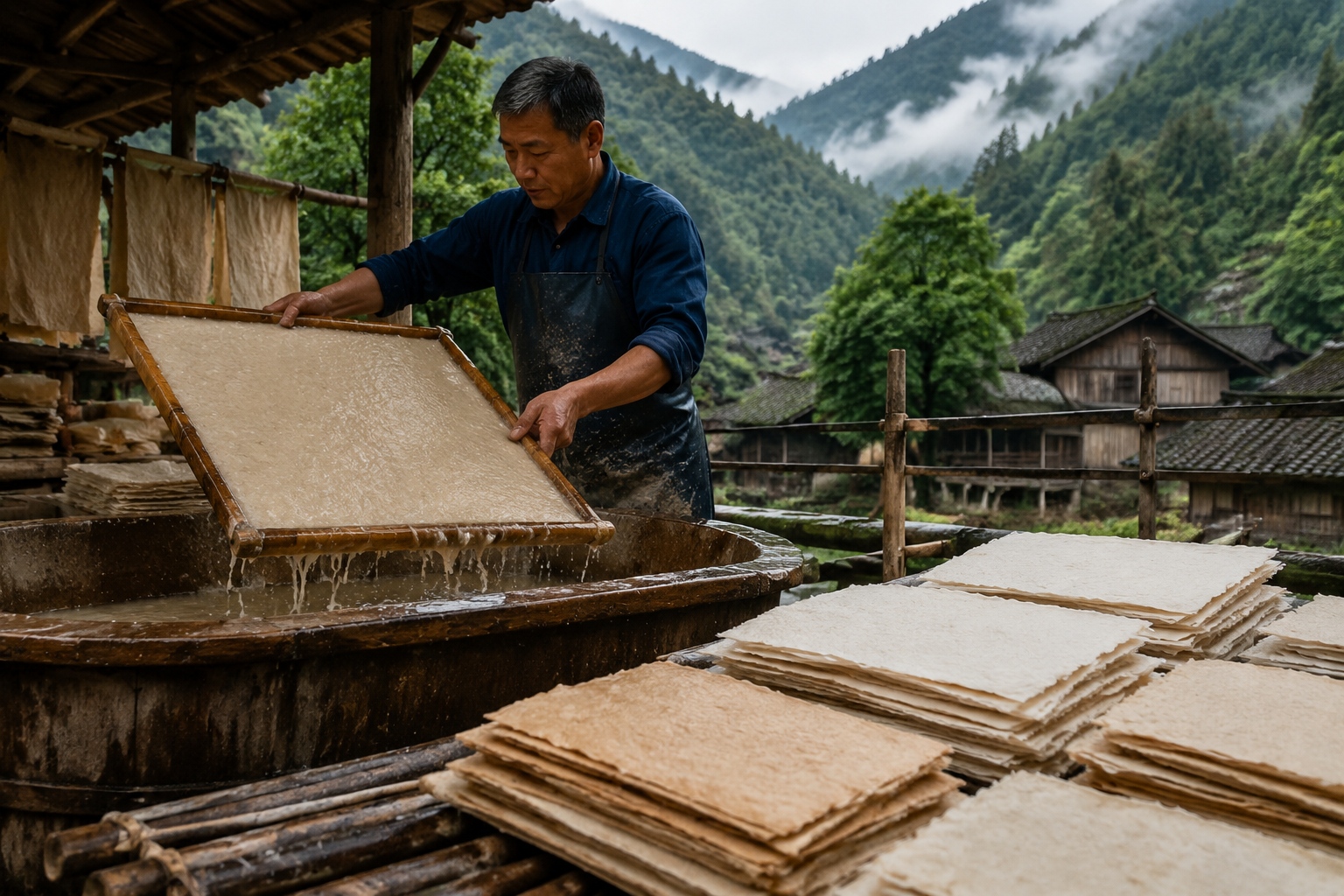 Craftsman lifting bamboo screen from pulp vat during traditional Shiqiao paper making in Guizhou, China