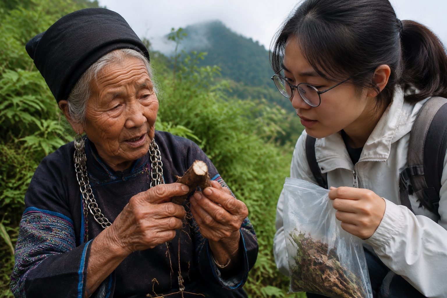 Miao healer and young pharmacologist examining a fresh medicinal root in Guizhou