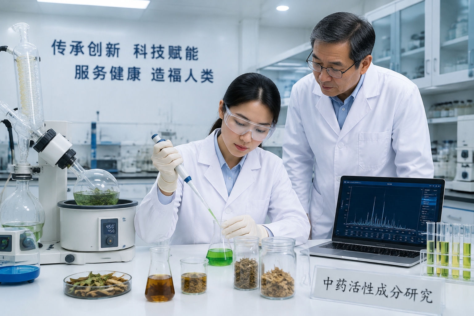 Pharmacologist analyzing Miao herb extract in a modern laboratory in Guizhou