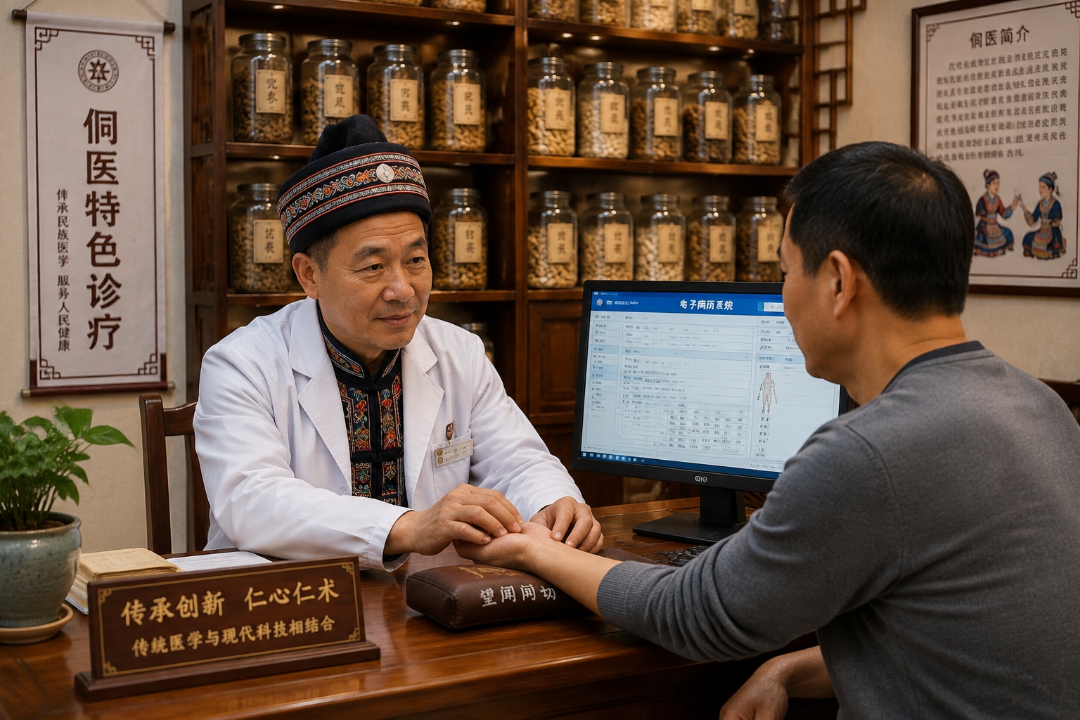 Dong doctor using pulse diagnosis in a hospital clinic that also uses modern health records