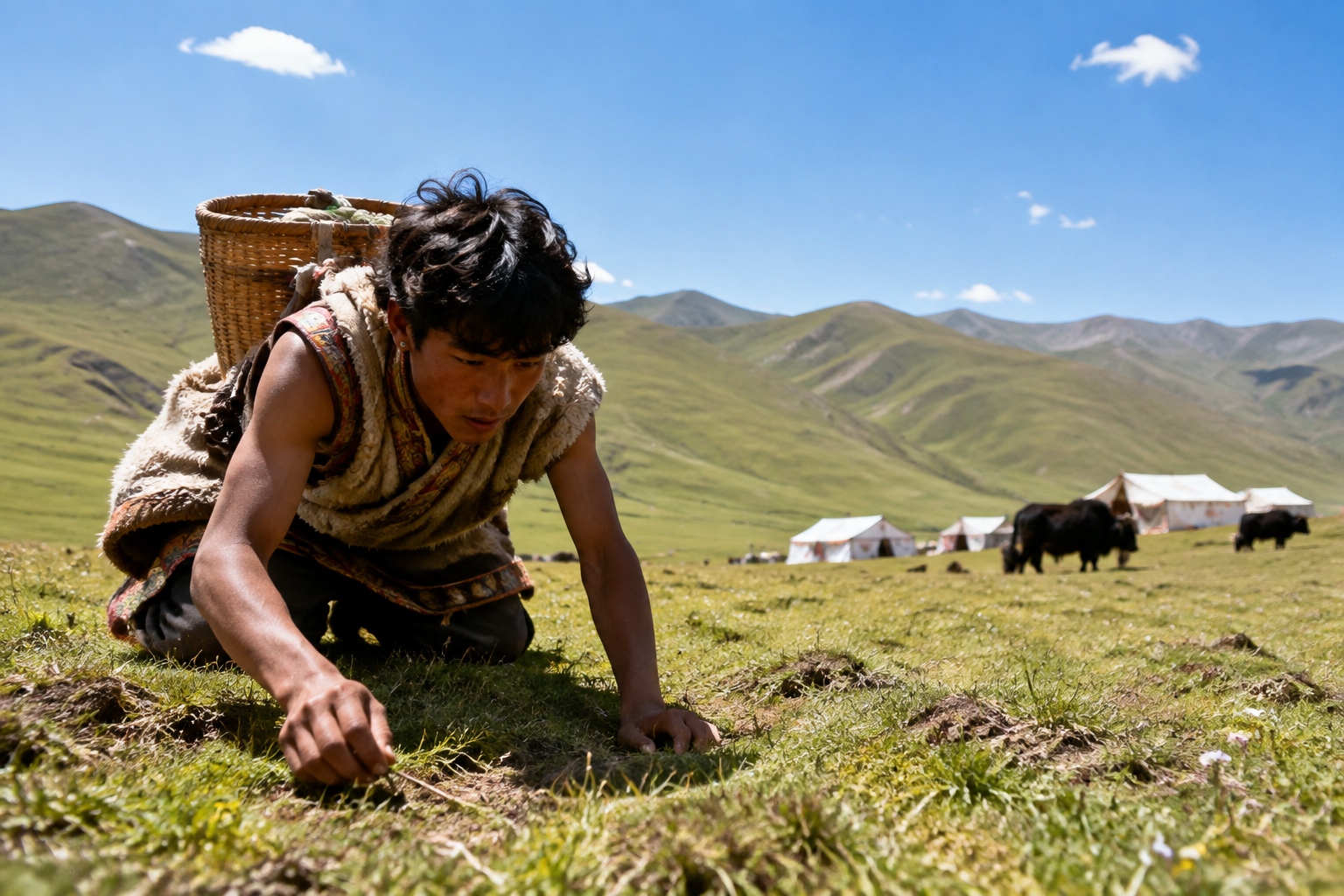 Tibetan herder searching for cordyceps on a vast alpine grassland in Qinghai