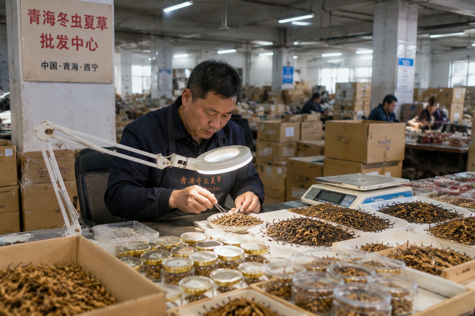 Traders sorting and grading dried cordyceps in a wholesale warehouse in Xining