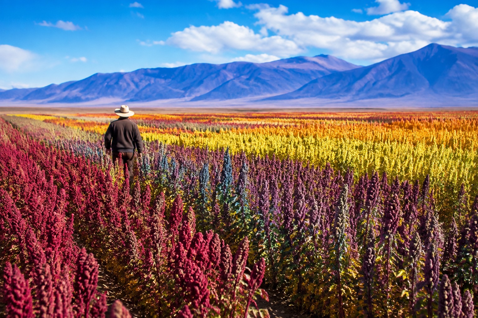 Colorful quinoa fields in the Qaidam Basin with a farmer walking between rows