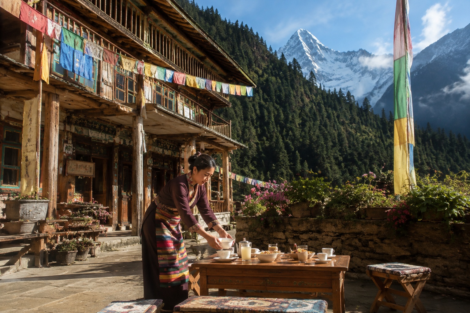 Tibetan homestay in Lulang with owner serving breakfast