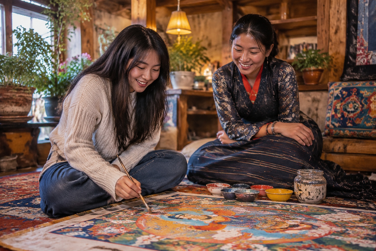 Traveler painting thangka at a homestay in Tibet